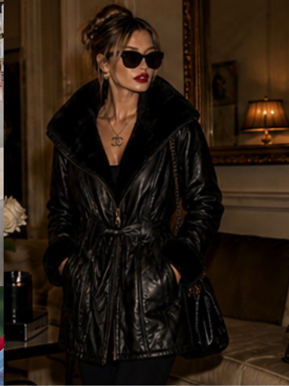 Y2K Wilsons Leather Faux Fur Lined Hooded Belted Coat Hollywood Glam Mob Wife - Picture 3 of 15
